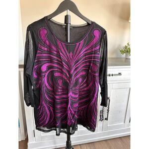NEW INC International Concepts Woman Purple‎ Paradise Mesh Embroidered Top 0X